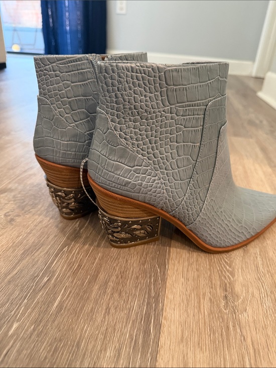 Gianni Bini Shoes - Gianni Bini Gray Croc-Embossed Ankle Booties with Decorative Block Heel